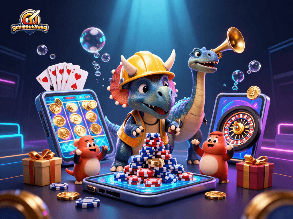 Experience the excitement of gamenohudoithuong as colorful slot reels spin amidst celebrating characters.