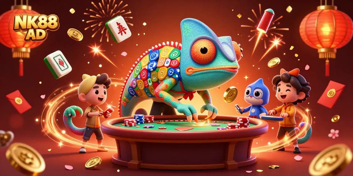 Experience the vibrant gambling atmosphere with the NK88 AD chameleon casino owner catching golden coins in this festive 3D illustration.