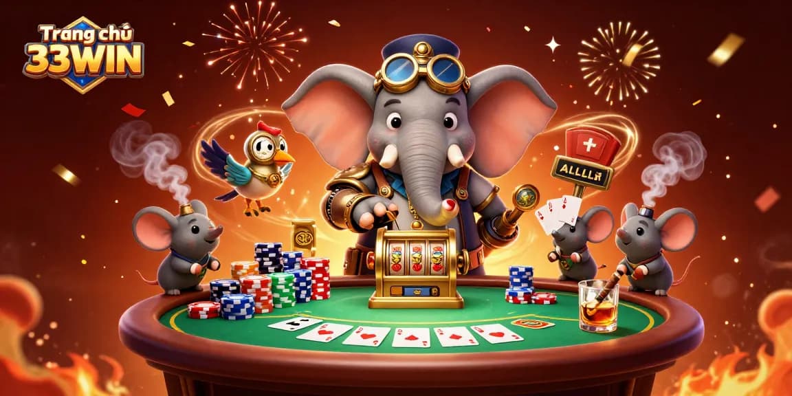 Engage with Trang chủ 33WIN: A dynamic scene featuring a steampunk elephant engineer at a vibrant casino with poker elements.