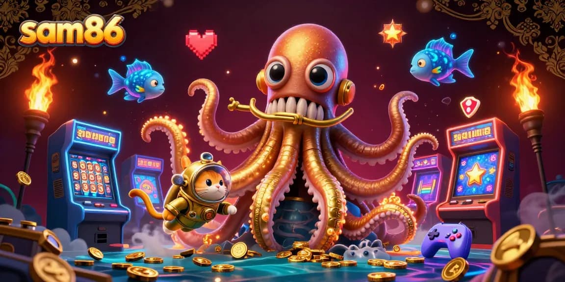 Engage in thrilling gaming with sam86, featuring a colossal kraken and vibrant arcade elements.