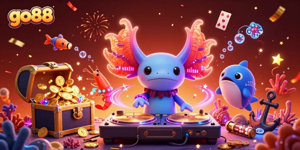 Engage with go88's vibrant casino experience featuring a DJ, dancing shrimp, and festive elements.