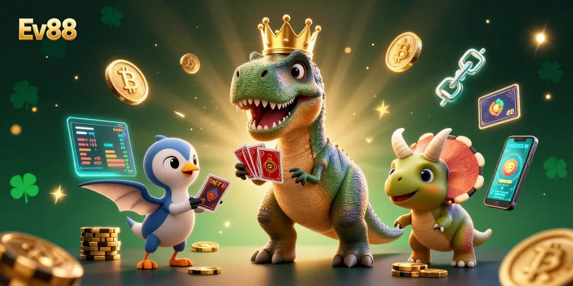 Experience Ev88's vibrant casino adventure with T-Rex, pterodactyl, and triceratops surrounded by crypto coins and gaming elements.
