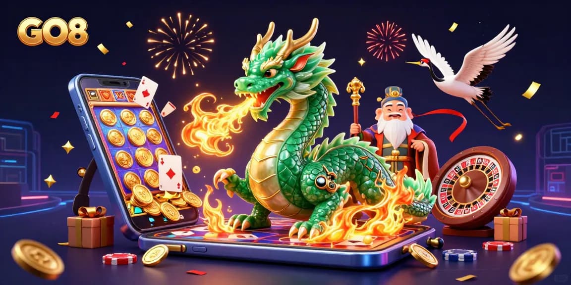 Engage with GO8's vibrant casino experience featuring a jade dragon, turtle sage, and lucky cranes.