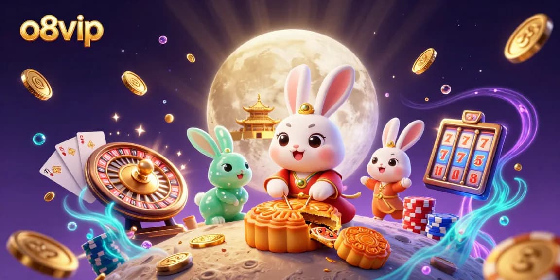 Engage with o8vip as the moon rabbit reveals poker chips beneath golden mooncakes in a vibrant casino scene.