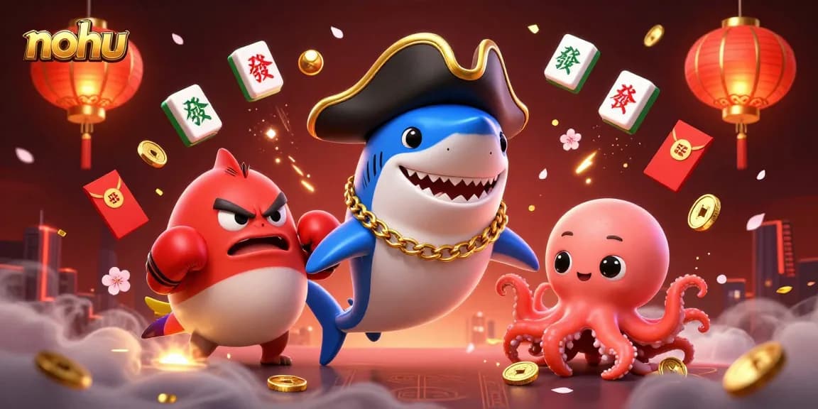 Engage in thrilling nohu casino adventures with a pirate shark, pufferfish, and octopus illustration.