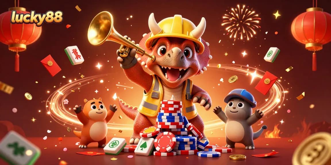 Spin and win at lucky88 with exciting casino characters building poker chip pyramids!