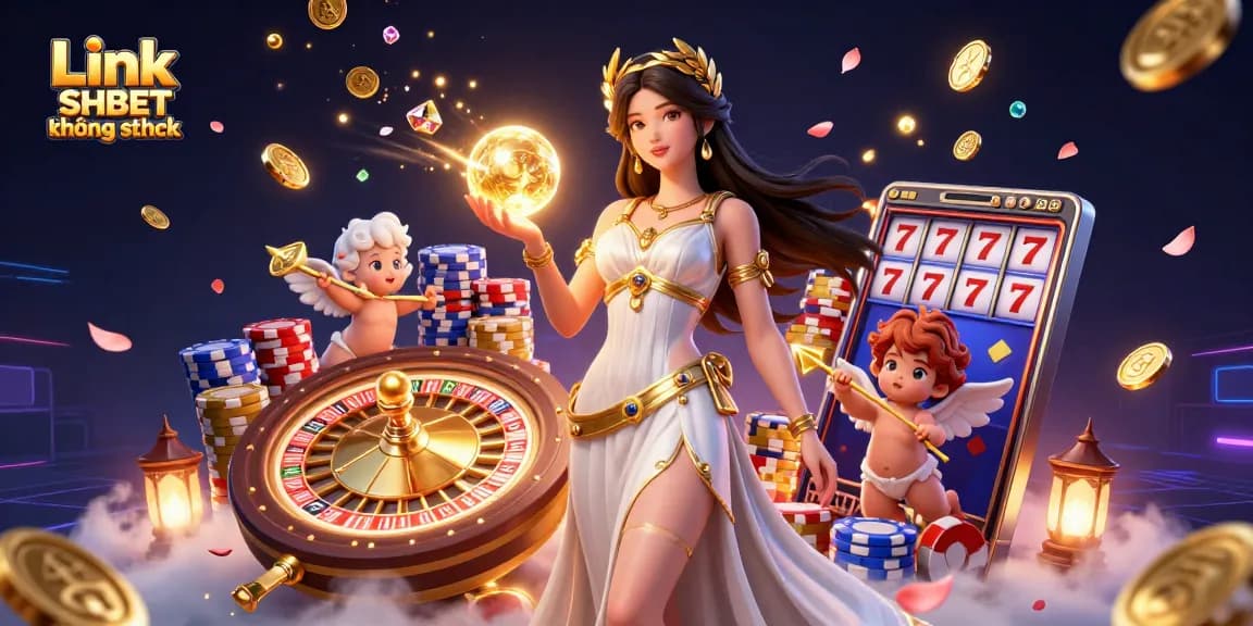 Spin and win with Link SHBET không chặn, featuring dynamic casino elements and lucky symbols.