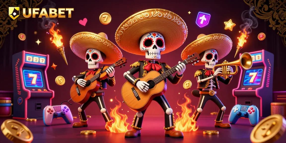 Spin and win with UFABET's vibrant 3D illustration of a mariachi band amid colorful casino gaming elements.