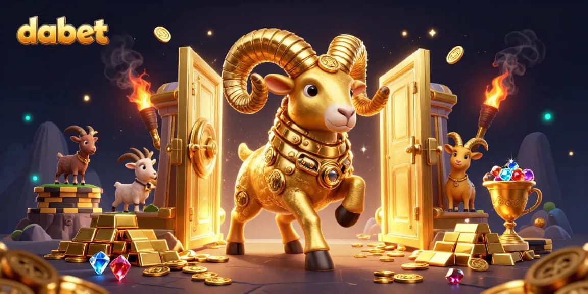 dabet unleashes excitement with a golden ram charging past dynamic treasure symbols and casino elements.