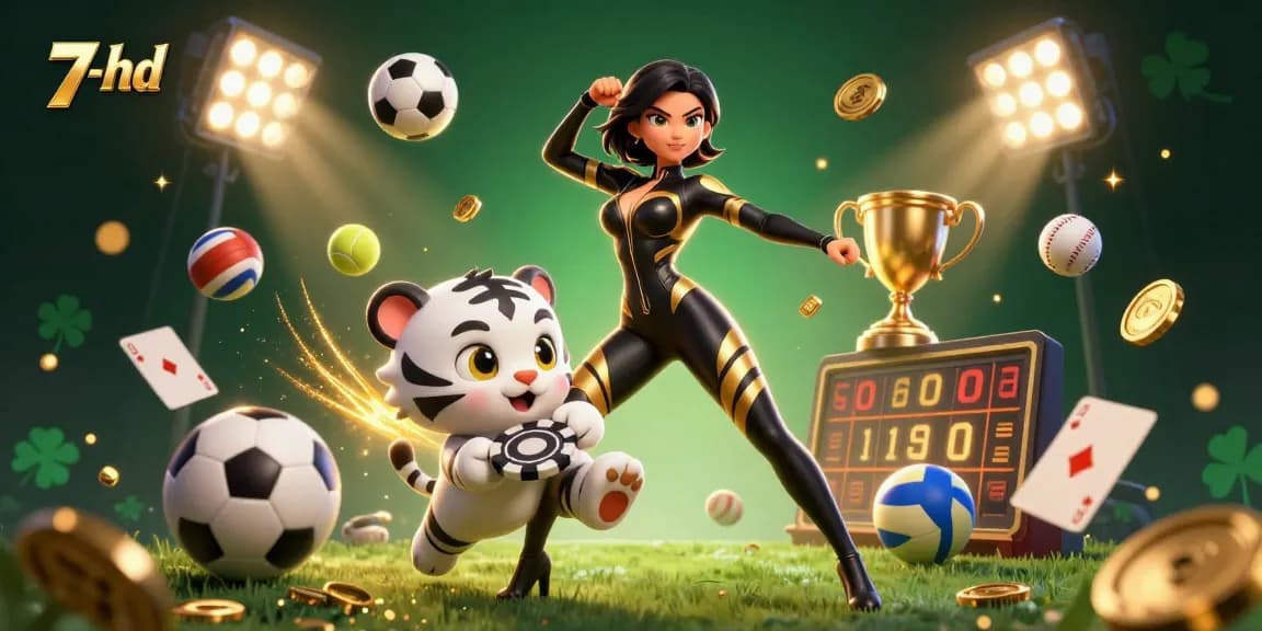 Engage in thrilling gameplay with 7-hd as the stunning character and baby tiger amidst a vibrant casino scene.