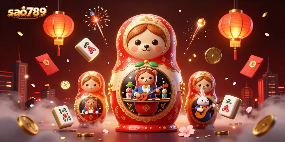 Sao789 showcases vibrant online gaming with lively casino dealer bears and festive elements.