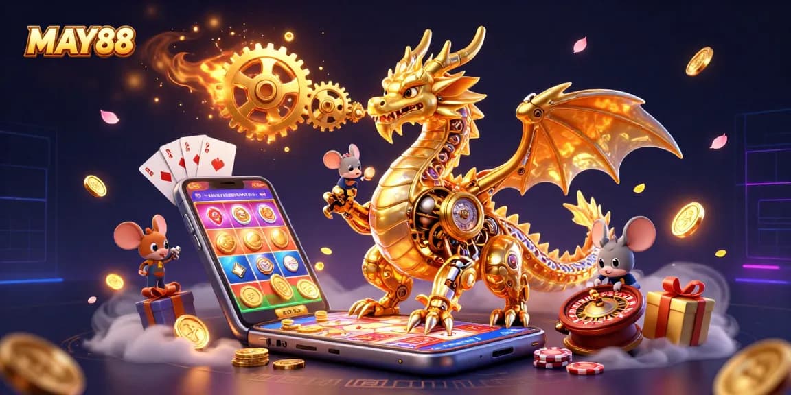 MAY88 unleashes immersive gaming with golden dragon and dynamic casino elements.