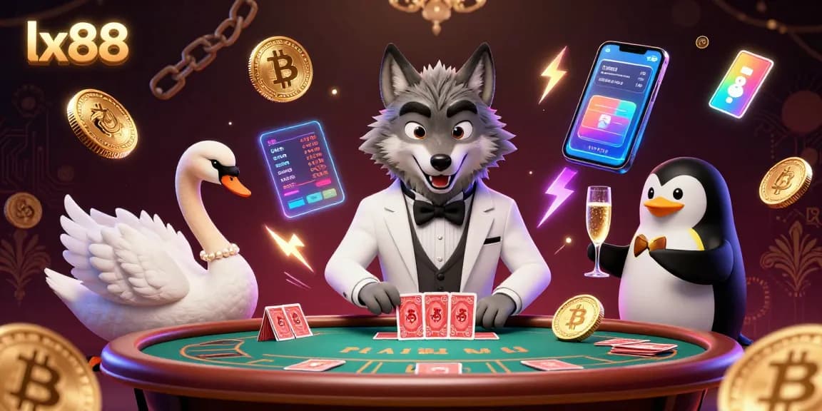 Experience lx88 excitement with vibrant 3D casino characters at baccarat: wolf, swan, and penguin in action.