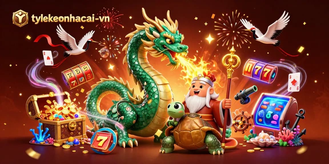 Experience excitement with tylekeonhacai-vn's vibrant casino scene featuring a majestic dragon and lucky symbols.