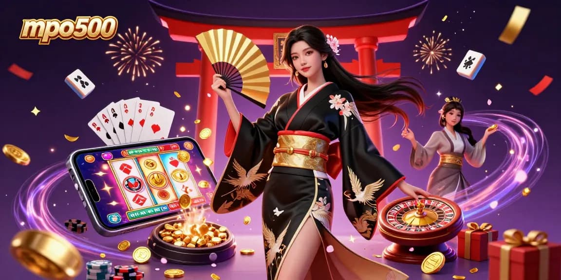 MPO500 showcases an elegant Asian woman in dynamic casino ambiance with colorful slot games and celebratory visuals.