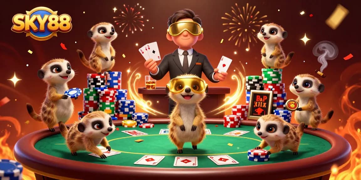 Engage in exciting casino action with SKY88 as meerkats run a vibrant casino scene.