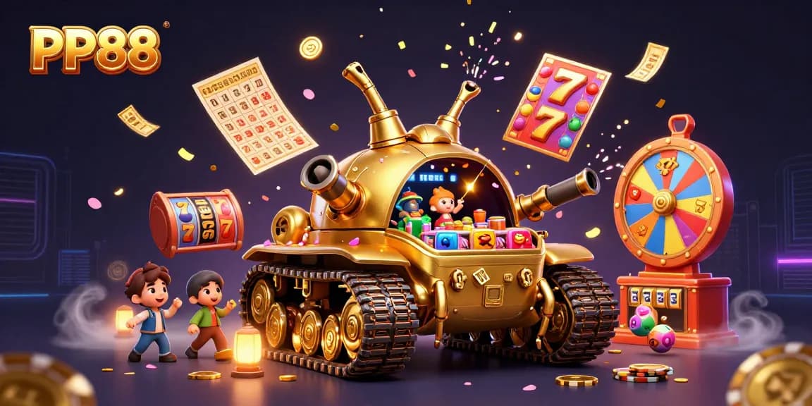 Experience the thrill of PP88's vibrant casino atmosphere inside a golden tank bursting with fun.
