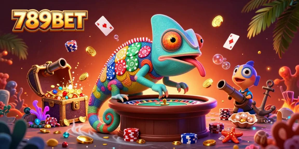 Experience thrilling wins at 789BET with vibrant 3D casino illustration featuring a colorful chameleon owner.