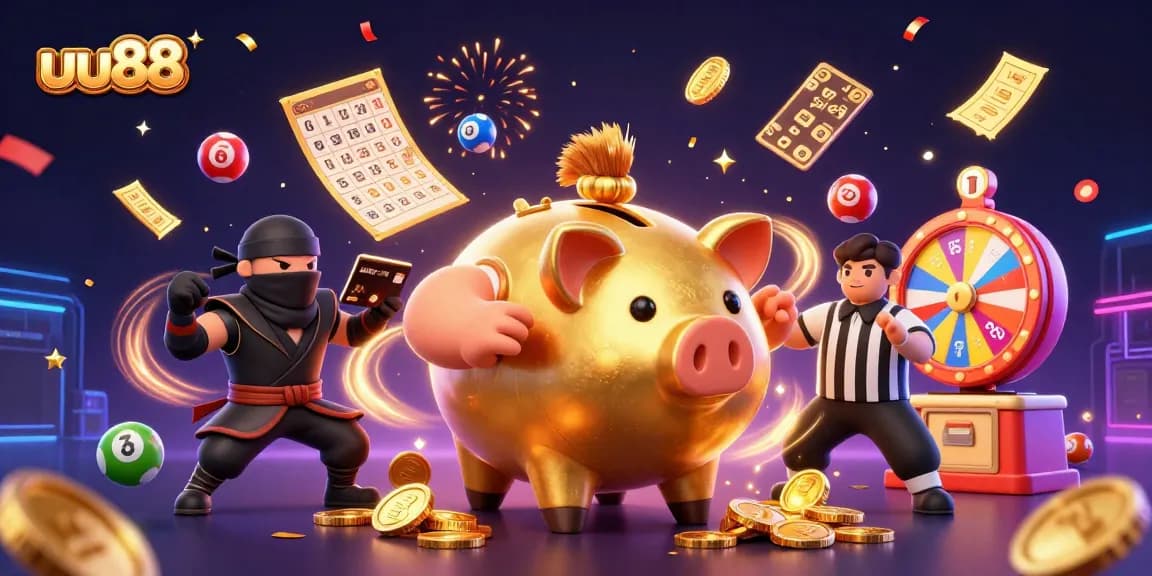 uu88 showcases a vibrant scene with a piggy bank sumo wrestler collecting winnings, perfect for gambling enthusiasts.