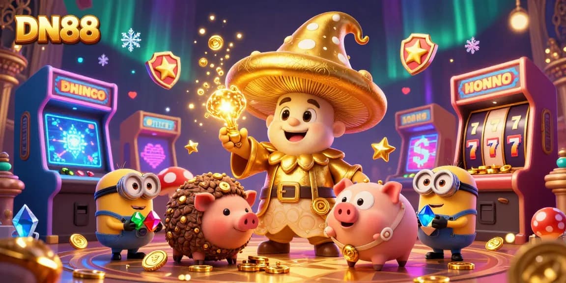 Engage in thrilling gaming at DN88 with a magical golden mushroom wizard in a vibrant 3D casino scene.