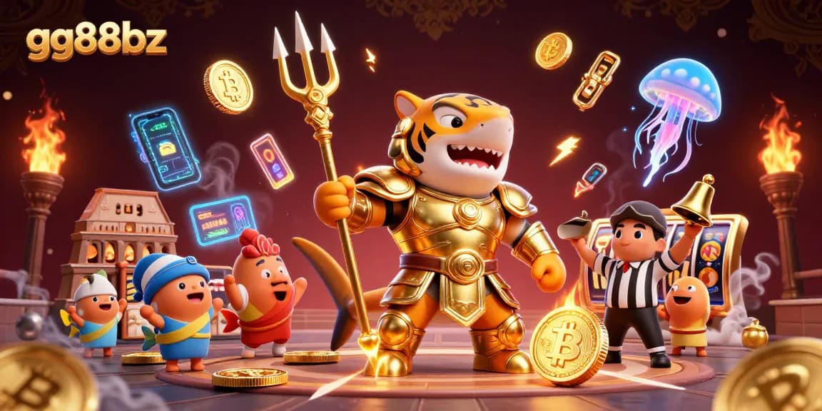 Engage in thrilling gameplay at gg88bz with a vibrant underwater casino scene featuring a gladiator shark and crypto elements.
