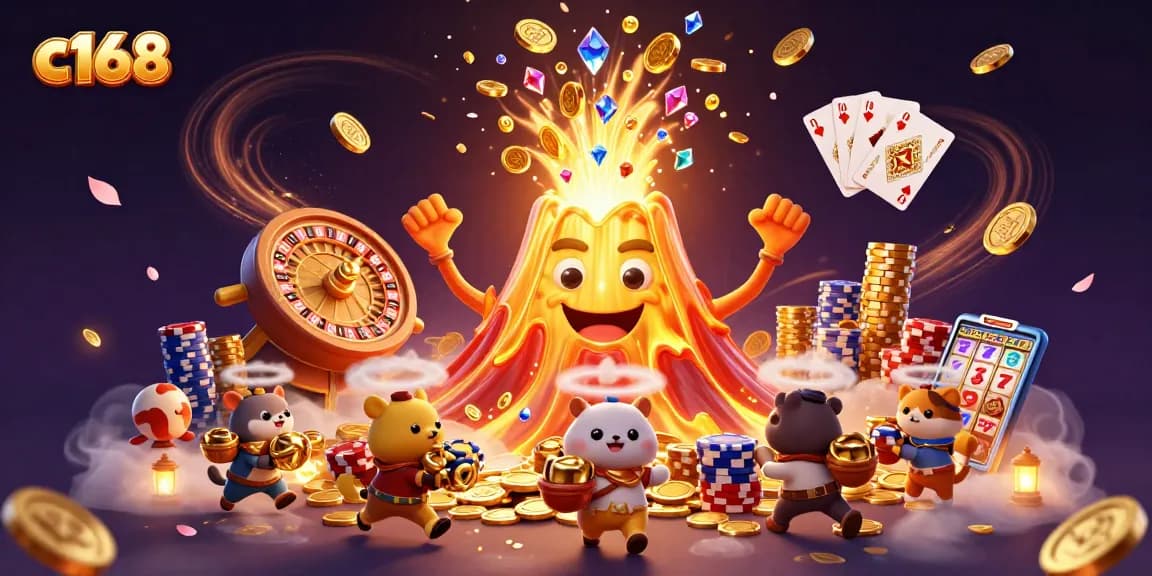 Experience exciting gameplay at c168 with a golden volcano erupting treasure as gamers win big and play responsibly.