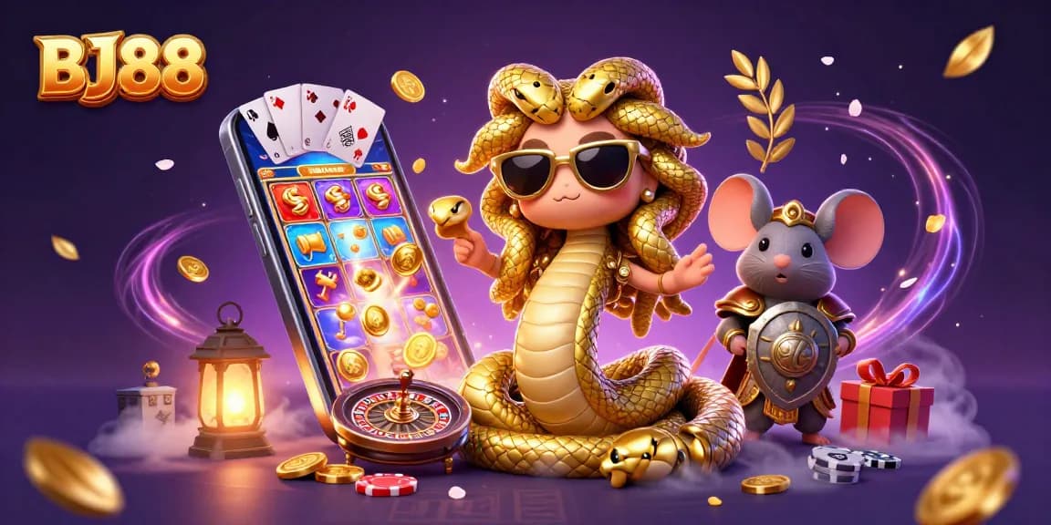 BJ88 casino gaming illustration featuring Medusa, a warrior mouse, and various exciting slot game elements.