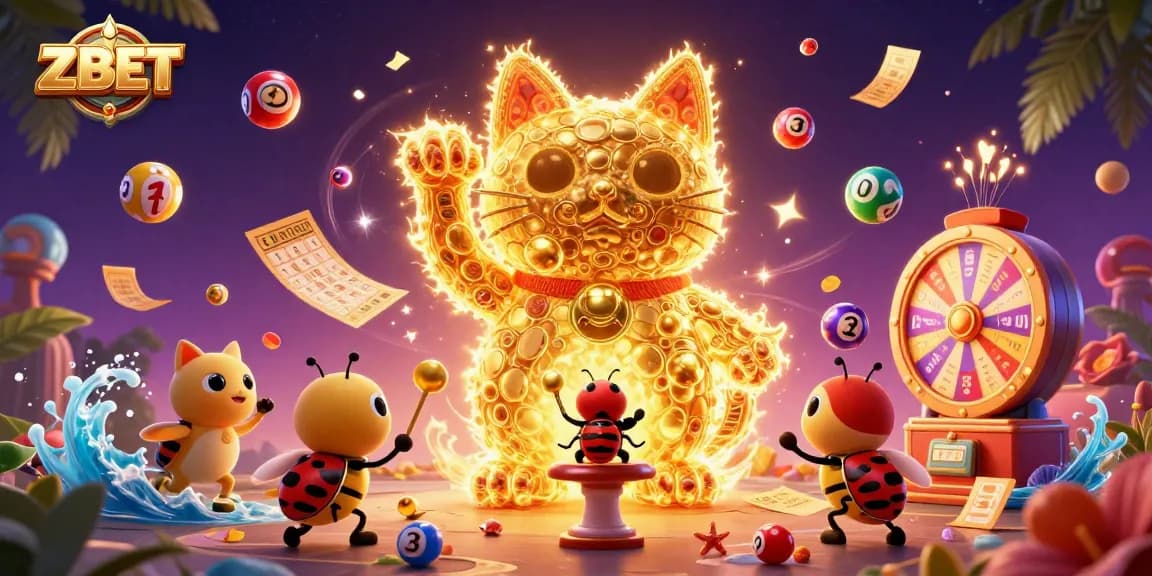 ZBET gaming experience featuring a golden lucky cat and vibrant casino elements in a colorful 3D scene.