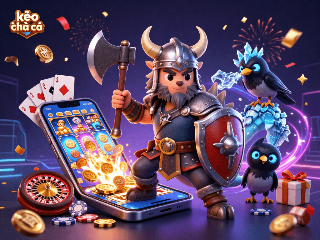 Experience thrilling kèo nhà cái action with a Viking warrior, dragon, and gambling excitement in a vibrant scene.