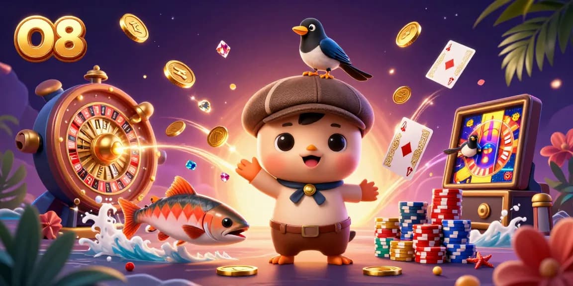 Play and win big at O8 with vibrant 3D casino illustration featuring exciting characters and elements.