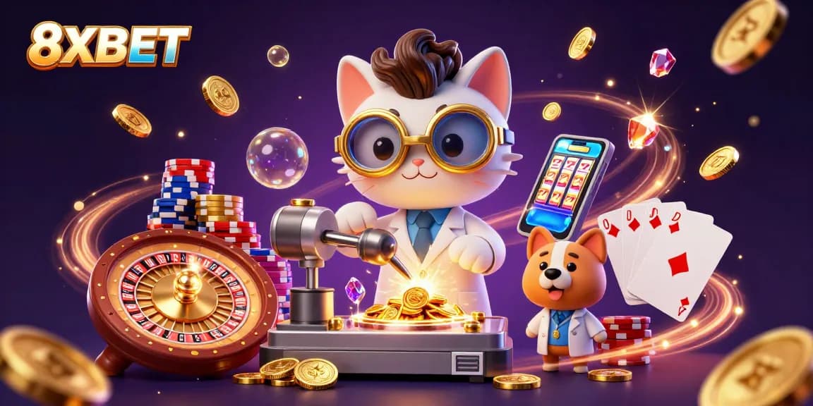 Experience the excitement of 8XBET with a scientist cat and his dog making golden coins amidst dynamic casino elements.
