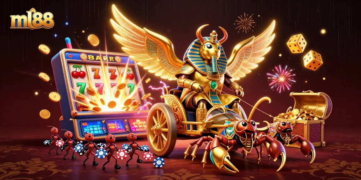Experience the excitement of ml88 with a dynamic casino illustration of a pharaoh beetle, jackpot, and vibrant game elements.