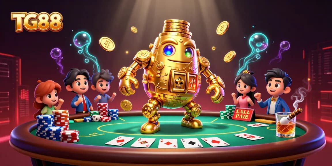 Join the excitement at TG88, featuring a dynamic casino scene with a golden golem and poker action.