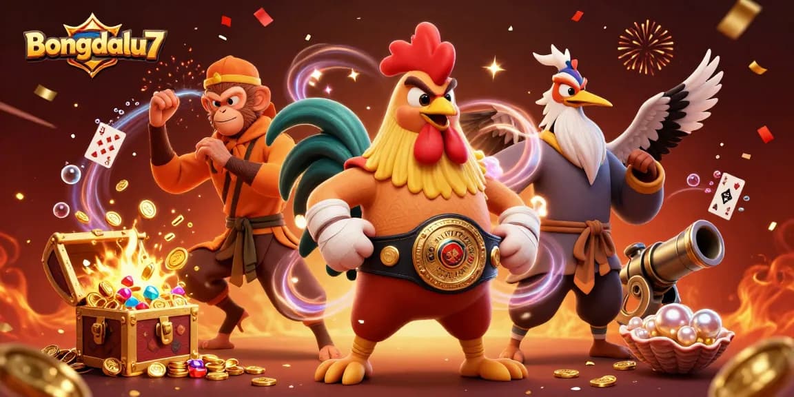 Bongdalu7 showcases an exciting scene of a Muay Thai rooster, monkey martial artist, and crane master amidst vibrant treasures and festive elements.
