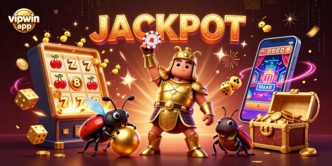 Experience the thrill of the vipwin app with 3D characters celebrating a jackpot win amidst colorful casino elements.