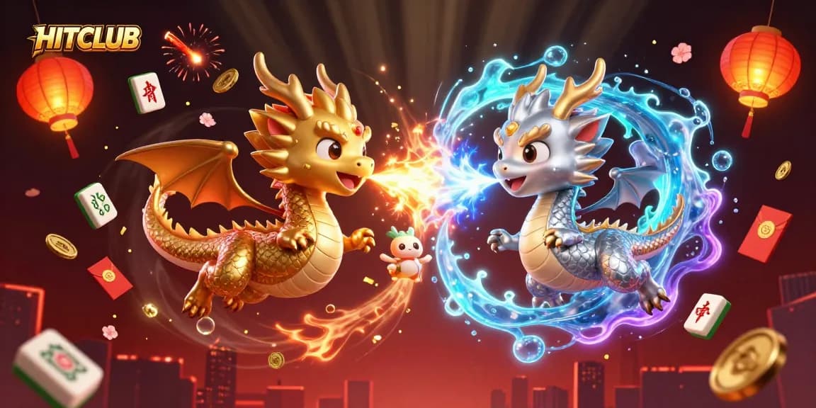 HITCLUB showcases twin dragons in dynamic battle, surrounded by gambling elements like gold coins and lanterns.