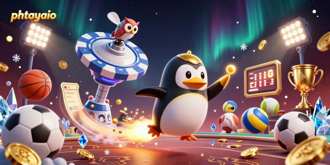 Experience thrilling wins with phtayaio, featuring a dynamic illustration of a golden penguin and casino elements.