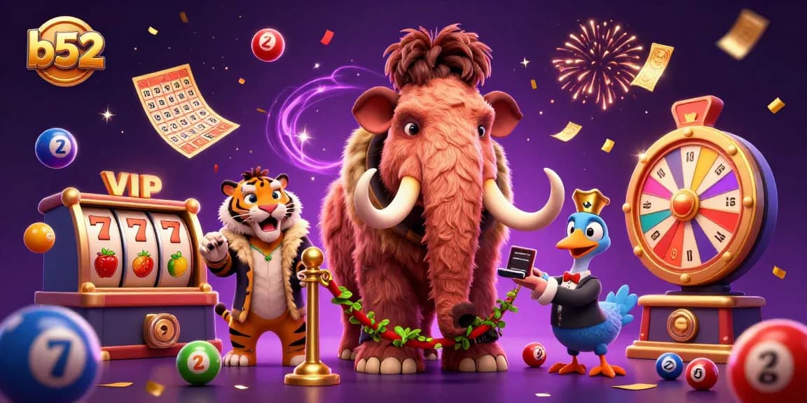 B52 online casino scene with a woolly mammoth bouncer, a saber-toothed tiger VIP, and a dodo bird doorman amidst lottery balls and slot reels.
