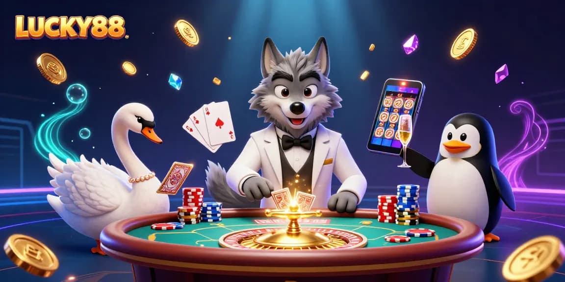 Engage with LUCKY88 in this vibrant 3D casino scene featuring an elegant wolf, swan, and penguin.