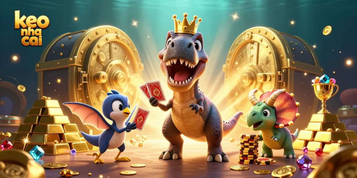Experience thrilling action with keo nha cai as a T-Rex shuffles cards while friends stack golden chips.