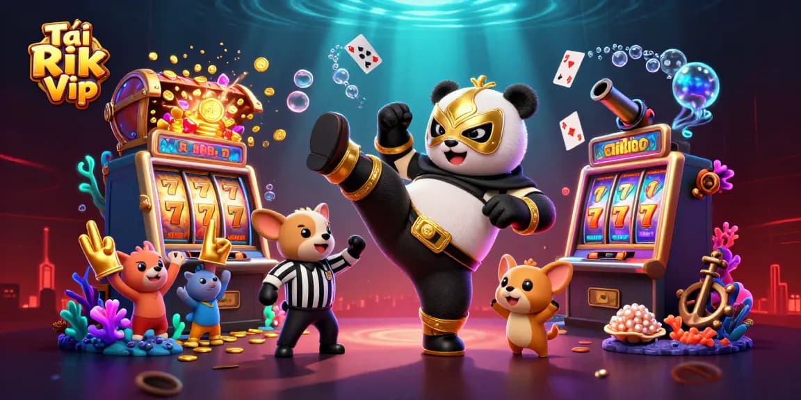 Engage with Tải Rik Vip through dynamic casino action featuring a thrilling scene of a wrestler panda and charming referee.