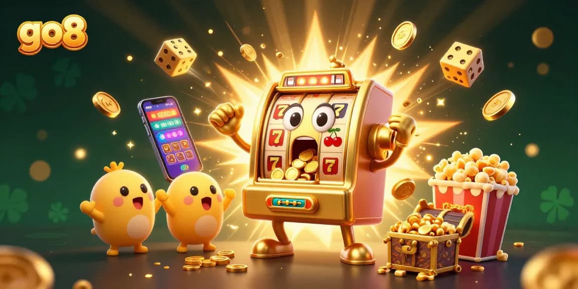 Exciting go8 jackpot scene with lively slot machines and golden treasures in a vibrant casino setting