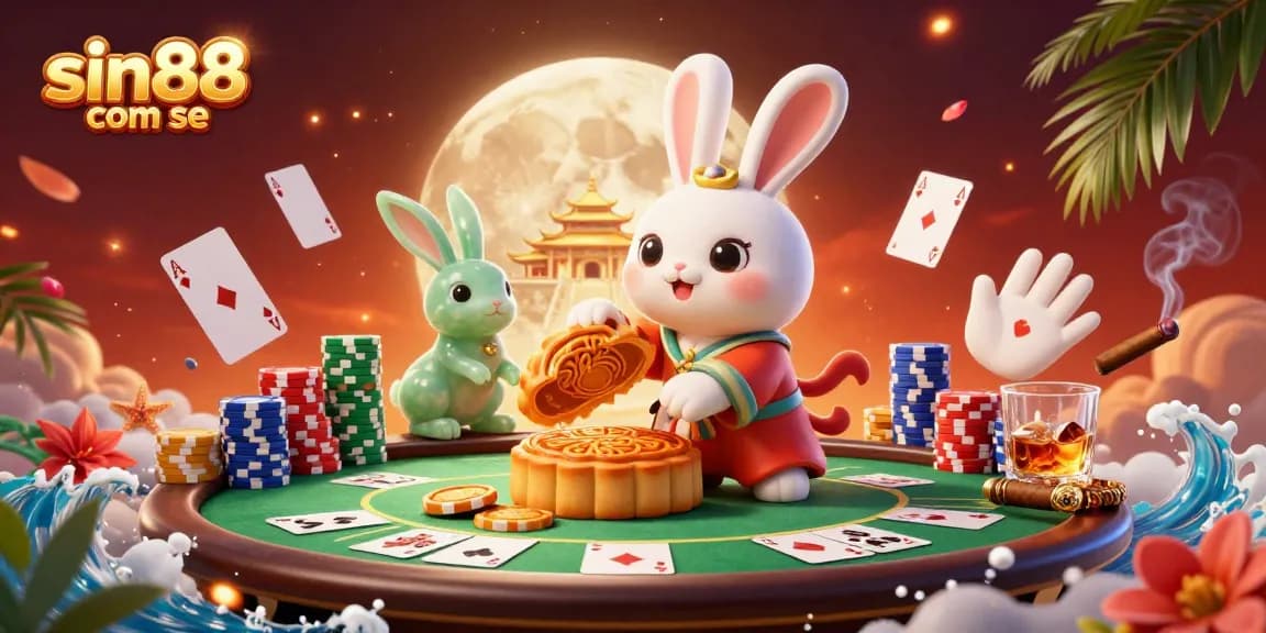 Experience thrilling poker action with sin88 com se, illustrated with a lunar twist featuring poker chips, vibrant characters, and casino elements.