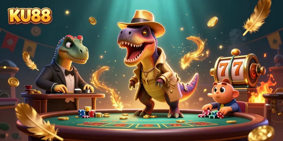 Engage in thrilling gameplay at KU88 with cartoon velociraptor and stegosaurus at a vibrant blackjack table.