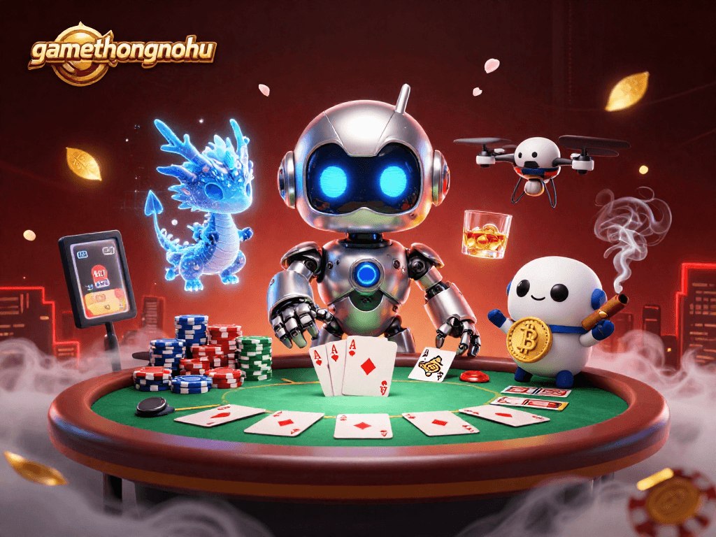 gamethuongnohu video game characters engage in high-stakes poker with vibrant casino elements.