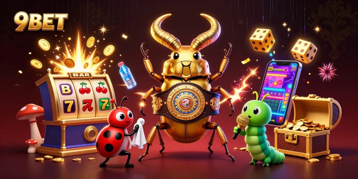 Experience thrilling wins at 9BET with a colorful 3D casino illustration of fun characters and dynamic game elements.