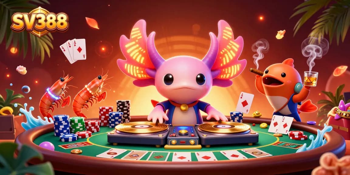 Experience SV388's vibrant casino scene with a neon axolotl DJ and poker elements.