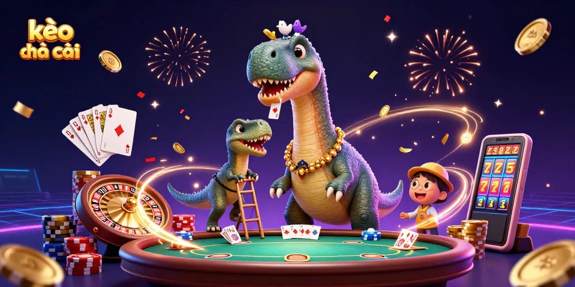 Experience kèo nhà cái excitement with a vibrant scene of a brontosaurus, raptor dealer, and casino elements.