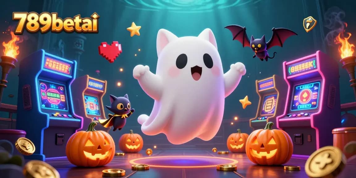 Immerse in the whimsical world of 789betai with friendly ghost cat and vampire bat in an enchanting casino.