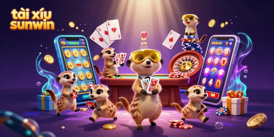 Tài xỉu sunwin features meerkats running a vibrant casino with gaming elements and golden coins.
